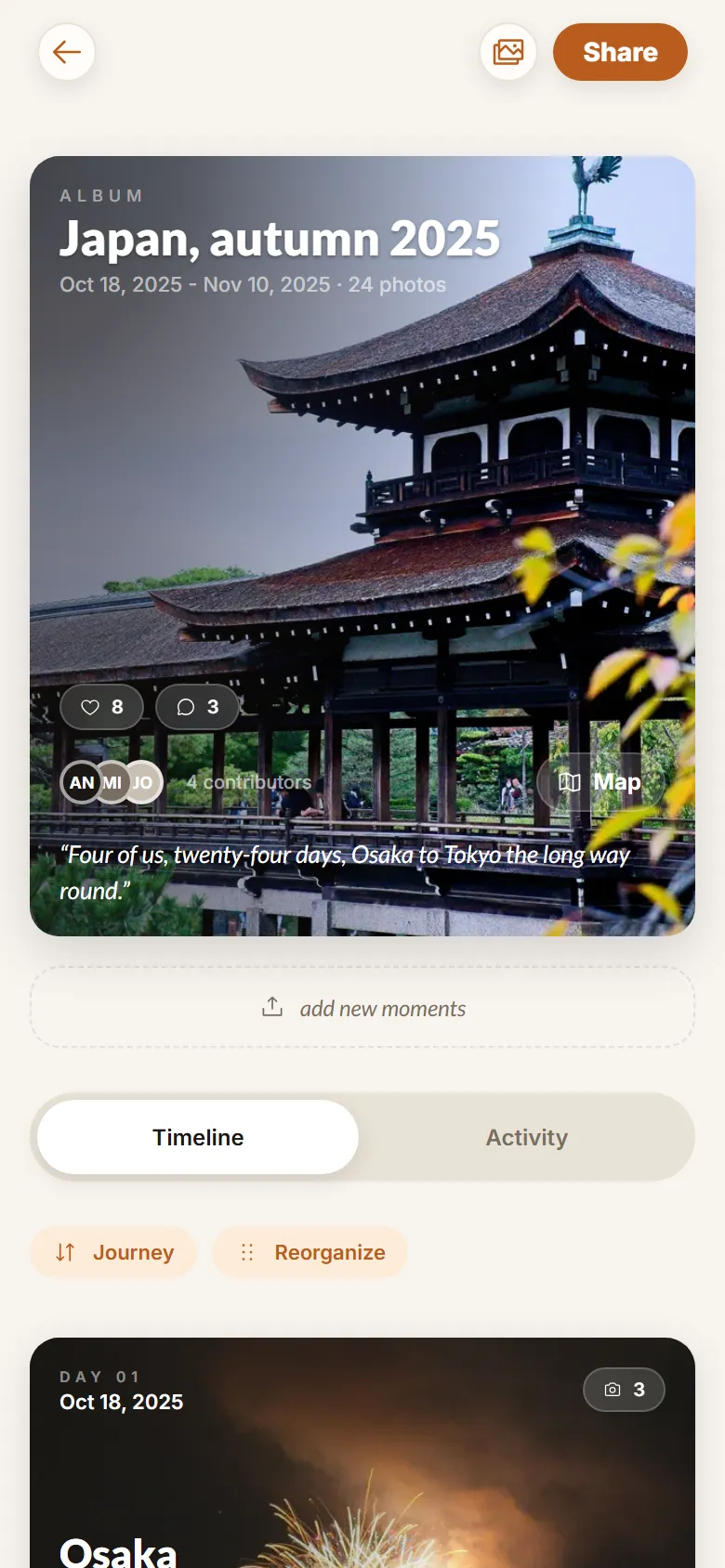 The Japan demo album as a guest sees it in a phone browser: the cover, the people in it and a button to add photos